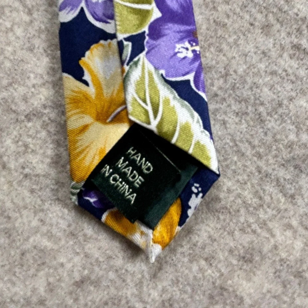 Lauren Ralph Lauren Mens Silk Tie Navy Purple Yellow Tropical Floral Hibiscus
